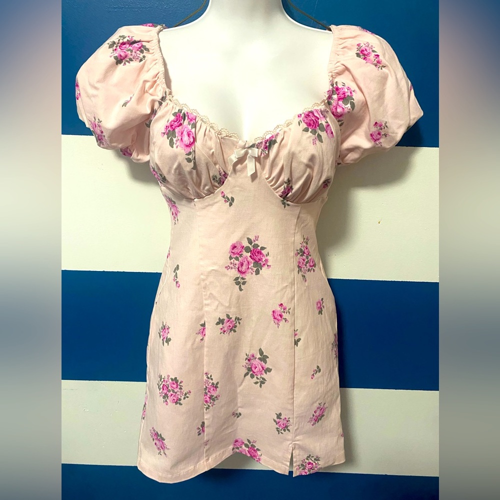 Alter’d State NWOT Floral Pink Puff Sleeve mini Dress SZ S